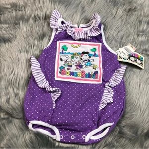 Vintage Baby Snoopy Peanuts Purple Dot Romper